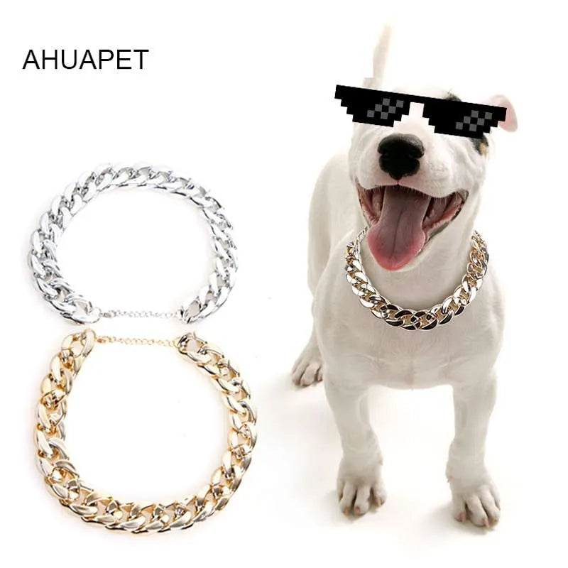 Gold colour chain dog collar with buckle fastening for small to medium dogs