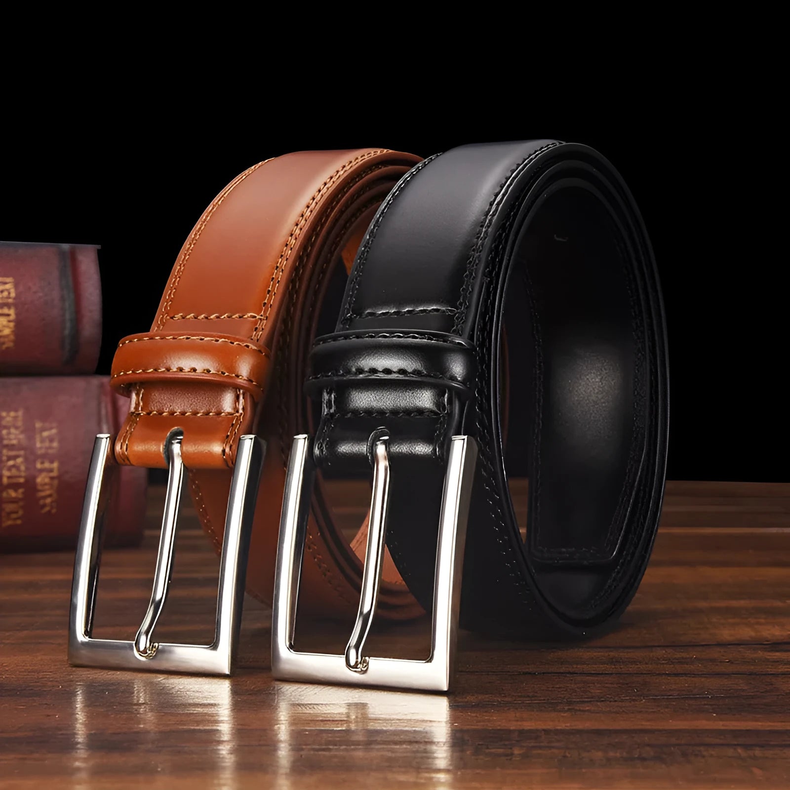 Men's classic black patent leather belt with a silver pin buckle on a flat surface.