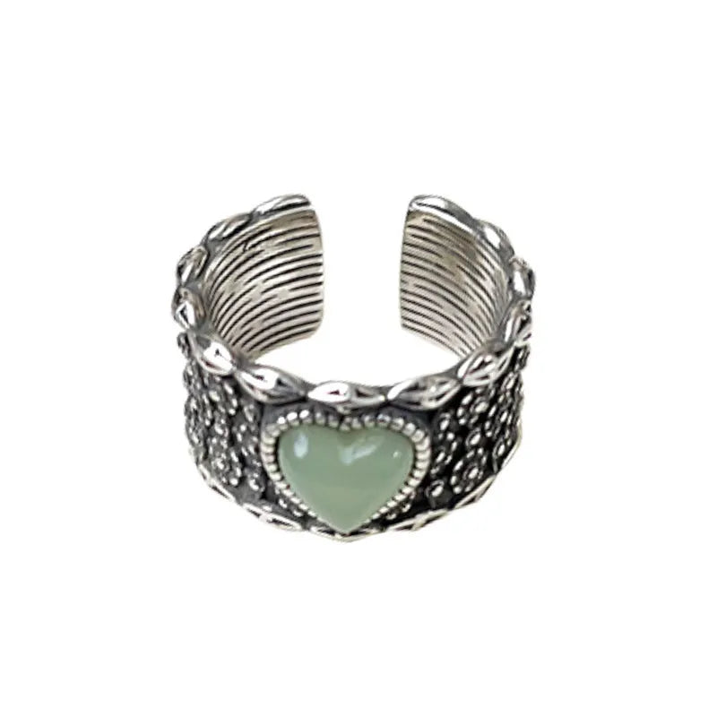 Retro wide-faced adjustable heart ring in white copper plated silver with open design