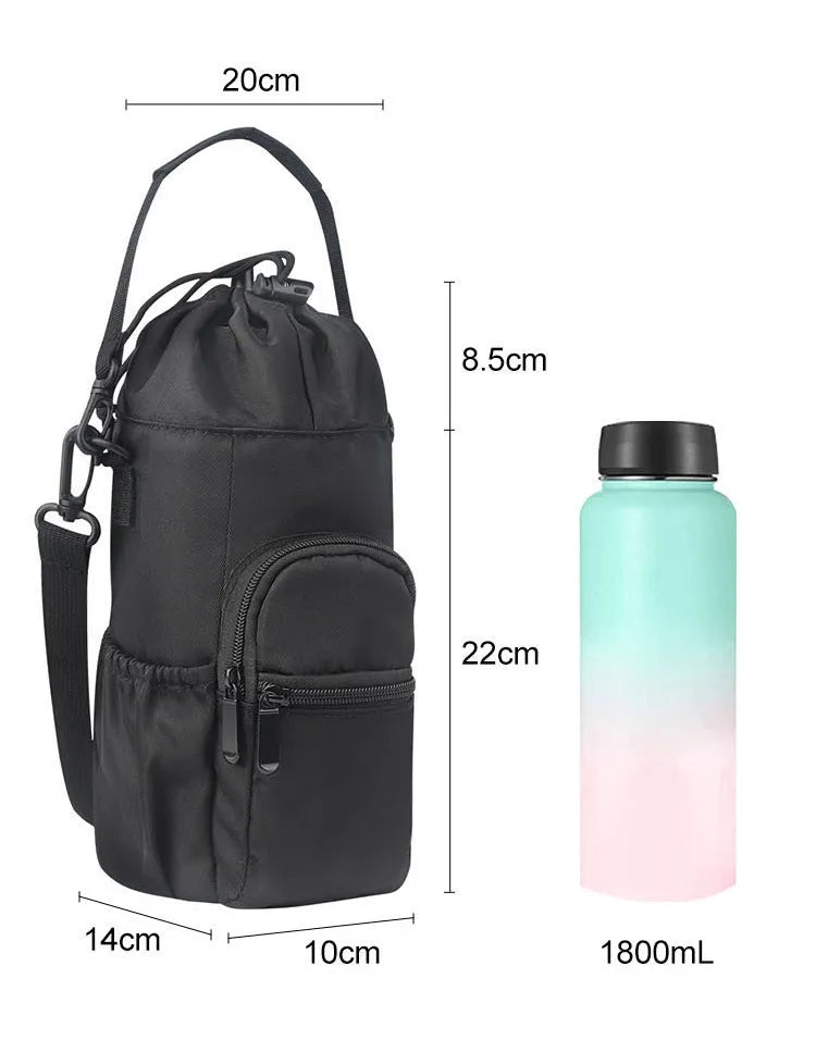 Cloth crossbody water bottle pouch shown in black, green, and pink colours with an adjustable strap.