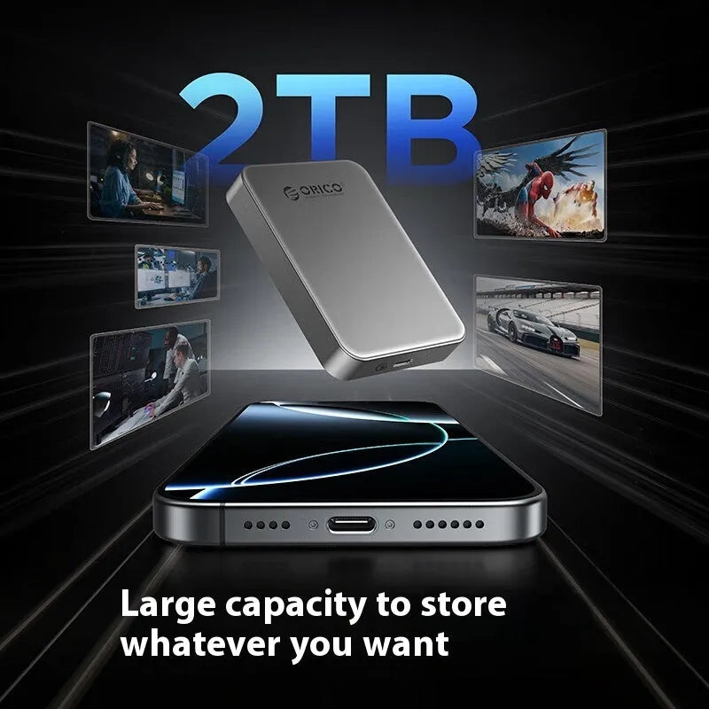 Grey magnetic mobile SSD portable hard drive with ultra-thin design and magnetic suction ring