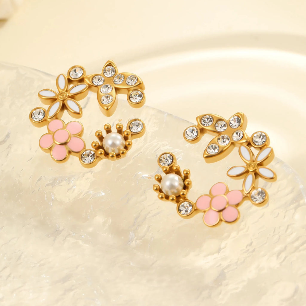 Gold plated flower stud earrings with petal design on stainless steel base