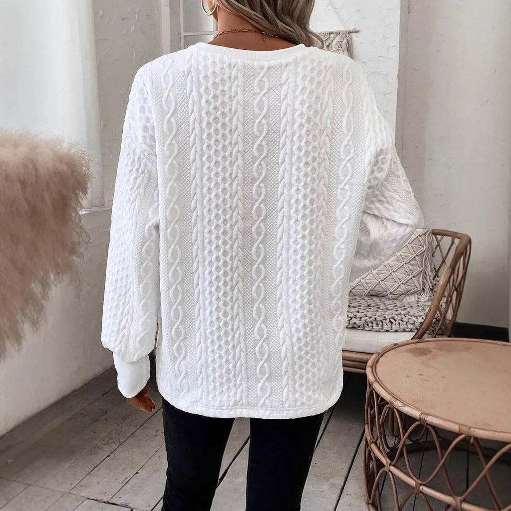 Milky white loose fit long sleeve T-shirt with 3D pattern design in polyester fabric