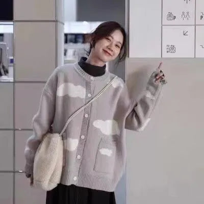 Blue cloud pattern loose spandex cardigan for women, shown as a pullover with long sleeves.