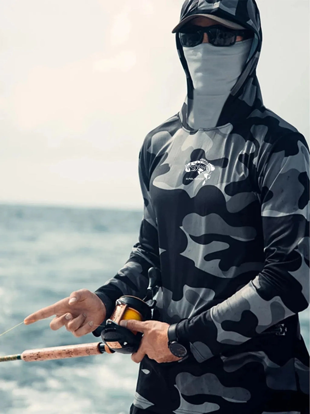 Huk Pursuit men's grey long sleeve fishing shirt with mesh side panels and crew neck.