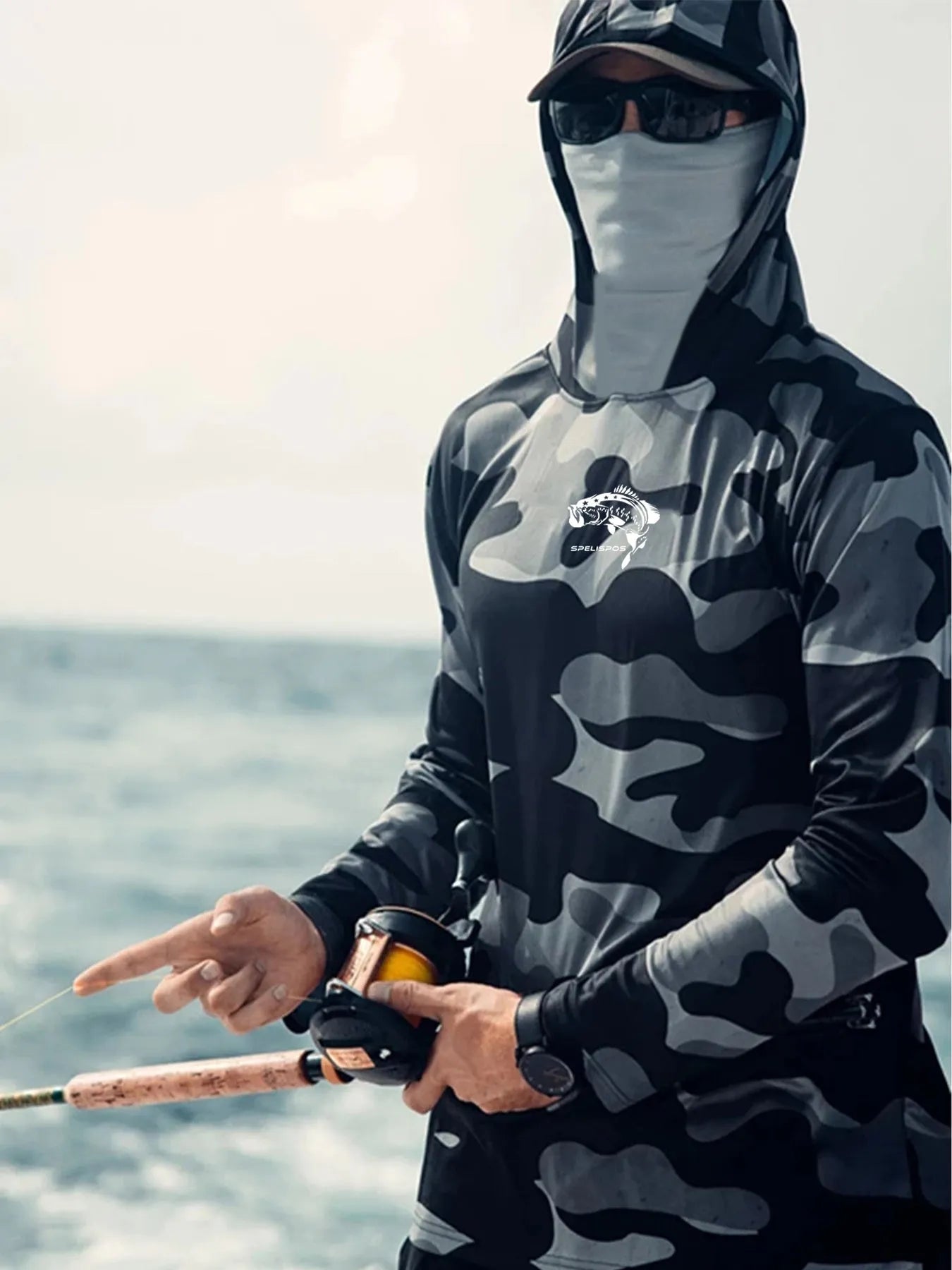 Huk Pursuit men's grey long sleeve fishing shirt with mesh side panels and crew neck.