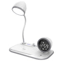 Three-in-one desktop unit combining digital clock, wireless charging pad, and eye protection desk lamp in white or black colour