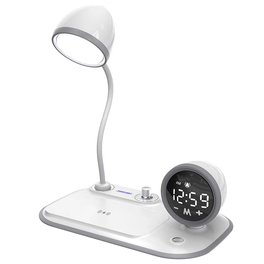 Three-in-one desktop unit combining digital clock, wireless charging pad, and eye protection desk lamp in white or black colour