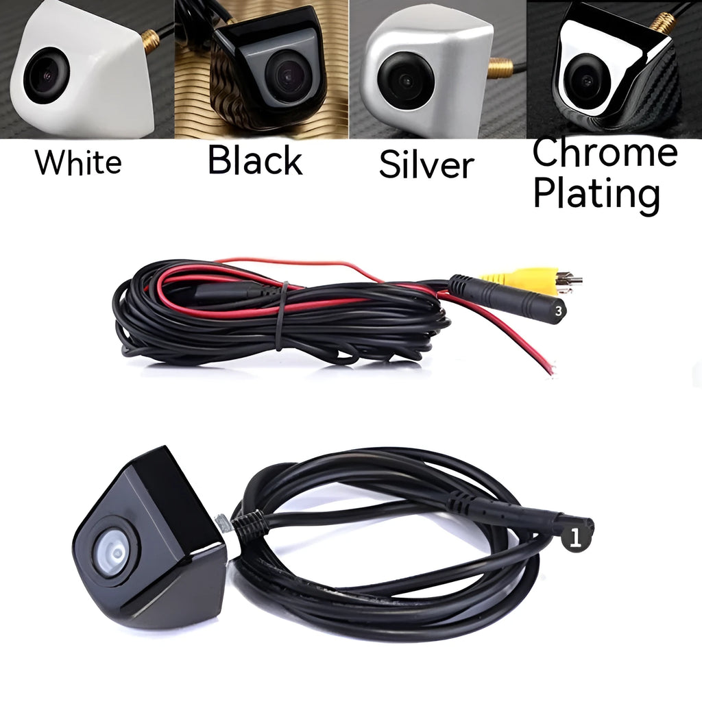 Screw plug-in HD car rearview camera with metal shell in black, shown with cable and mounting screws.