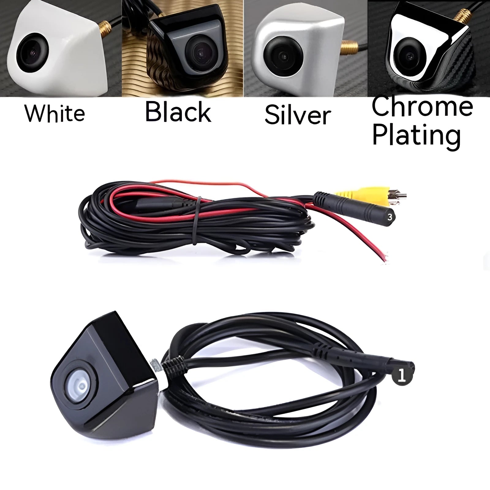 Screw plug-in HD car rearview camera with metal shell in black, shown with cable and mounting screws.