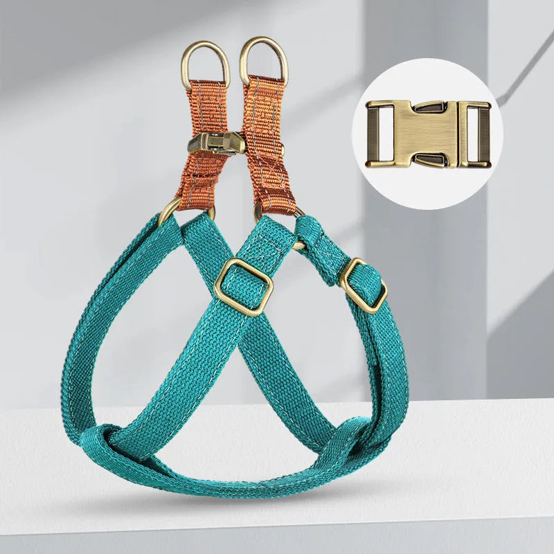 Brown vest-style dog leash with cotton belt construction and alloy fasteners