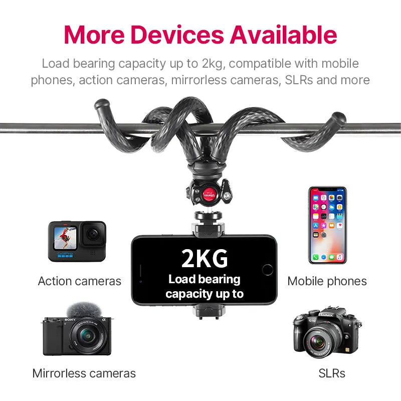 Black flexible octopus leg tripod with phone clip extended to 360mm length