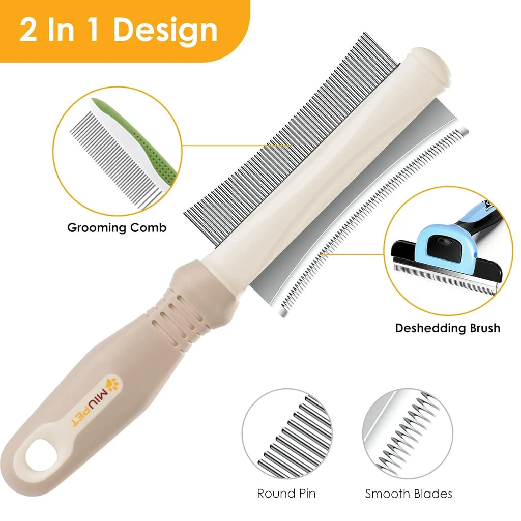 White double-sided pet grooming brush with curved comb and deshedding brush functions