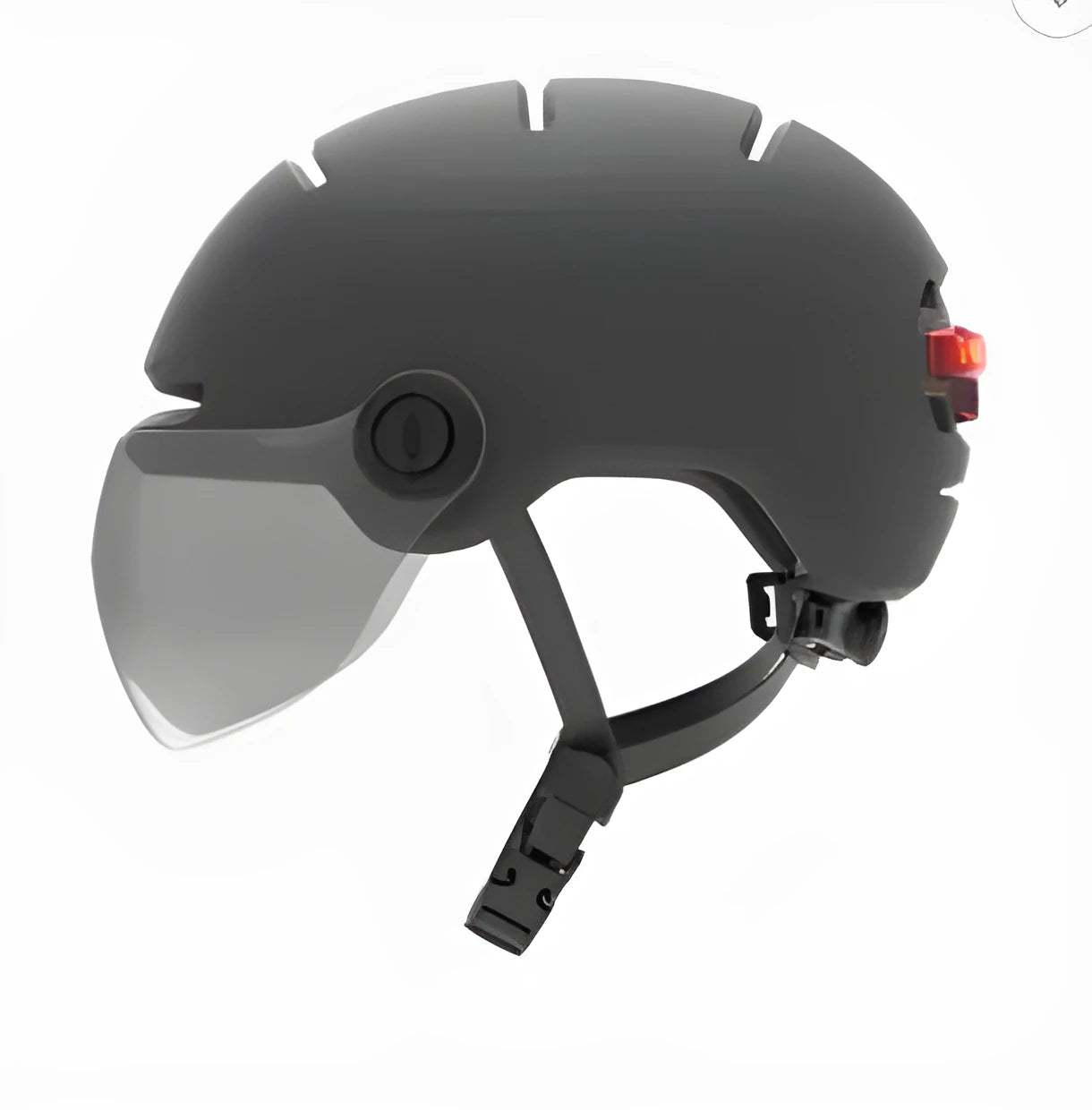Cycling helmet with integrated LED brake and tail lights showing PC shell construction