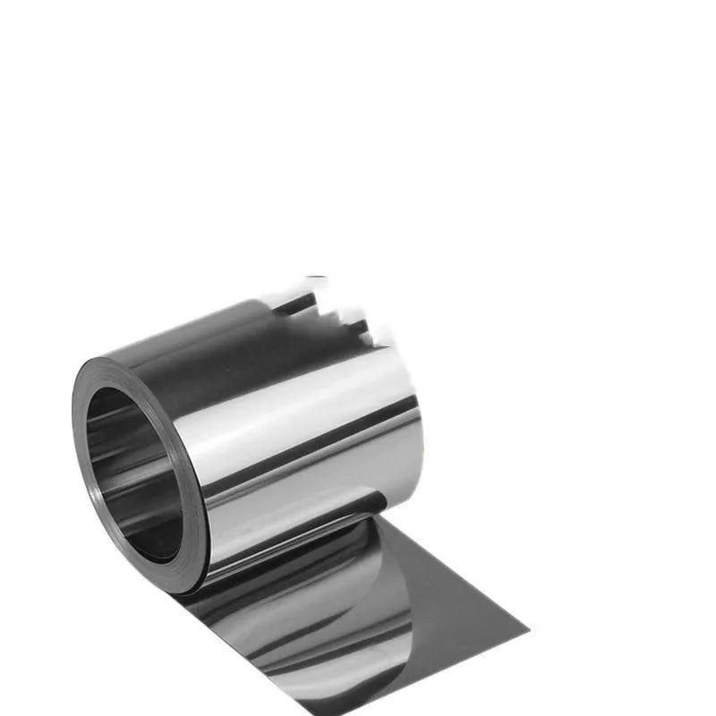 Roll of thin 304 stainless steel sheet strip with a leather backing on one side.