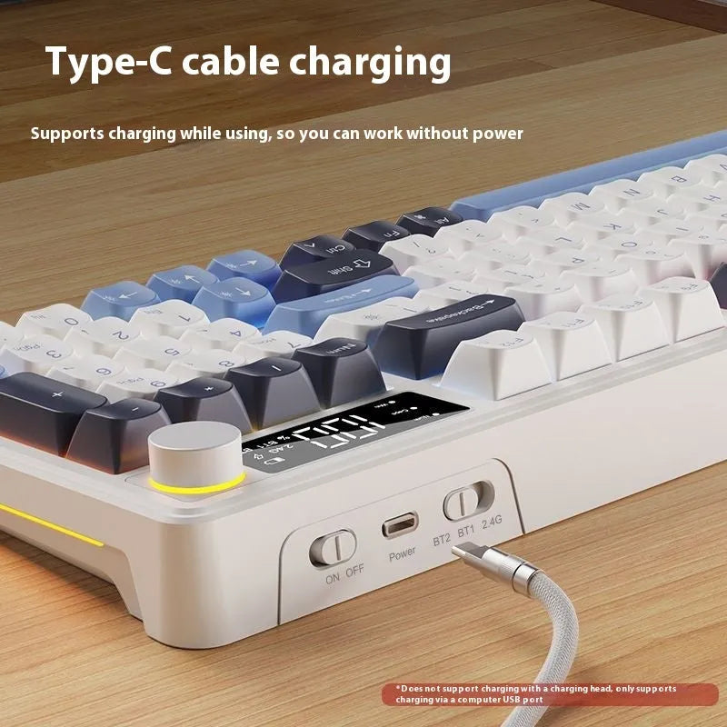 Wireless mechanical feel keyboard and mouse combo in blue white colour scheme showing 94-key layout