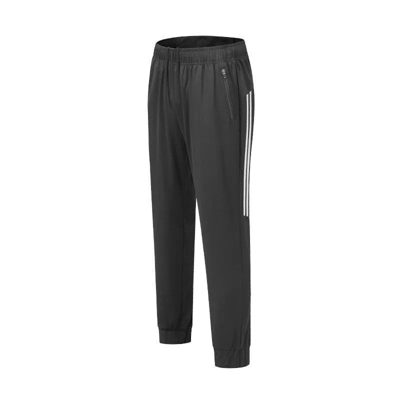 Men's black running trousers with mid waist design and standard length made from breathable polyester fabric