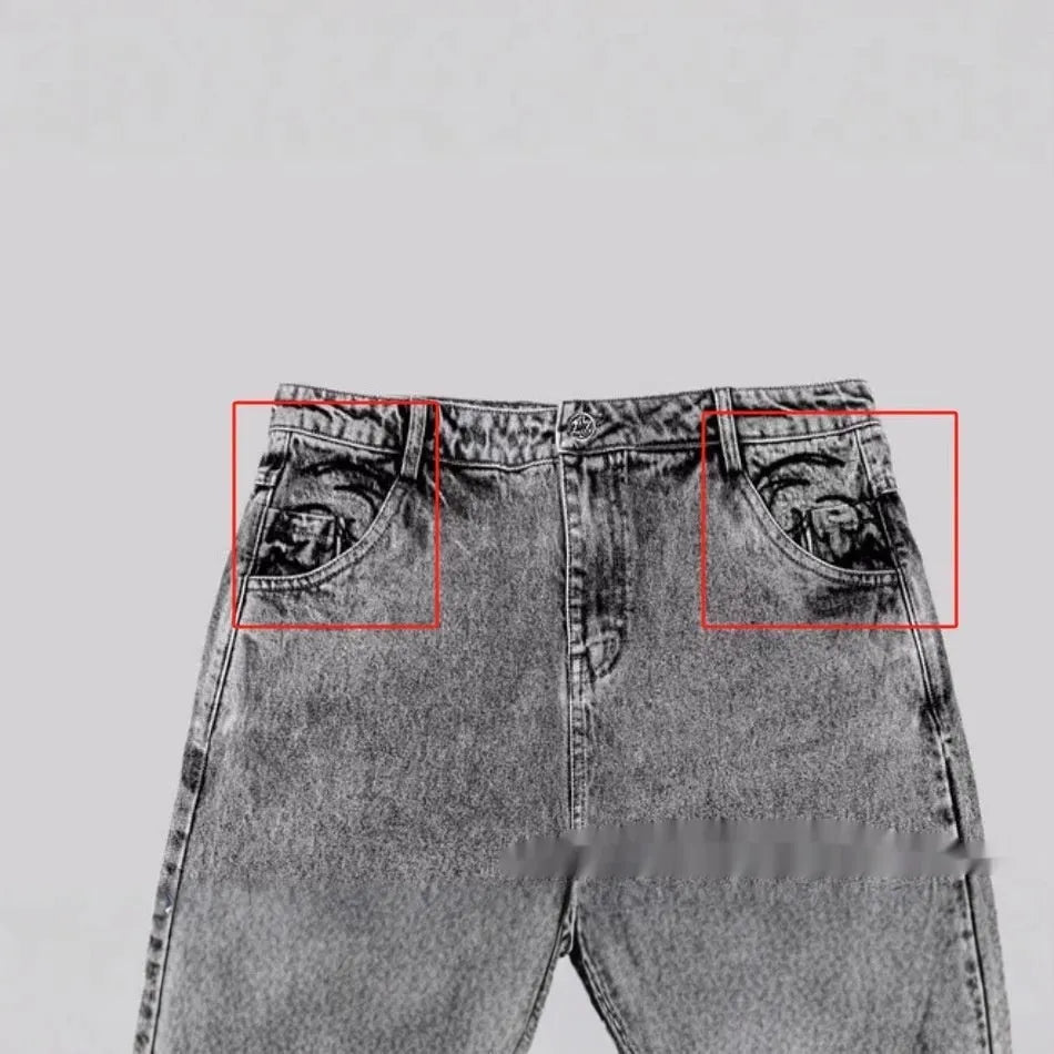 Grey loose straight-leg denim trousers for men and women with mid-waist design