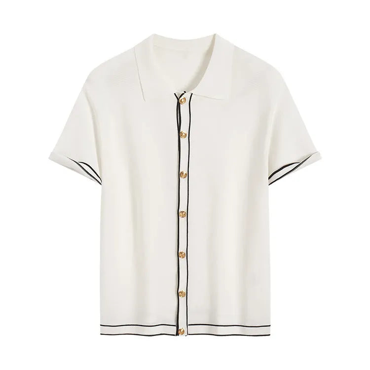 White short-sleeve cardigan with dark contrast lapels, laid flat.