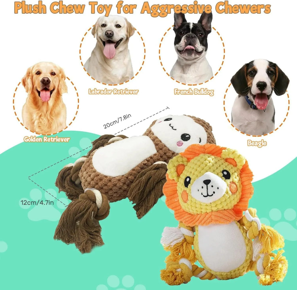 Plush squeaky dog toy bundle showing lion and monkey designs for medium to large dogs