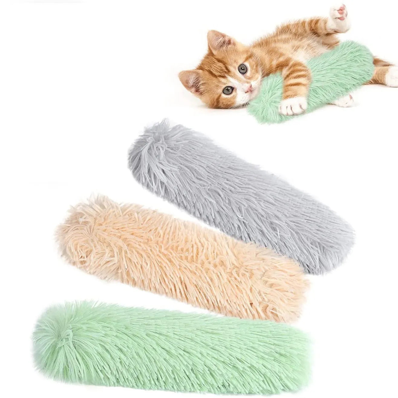 Rectangular blue plush cat toy pillow measuring 27cm long by 10cm wide.