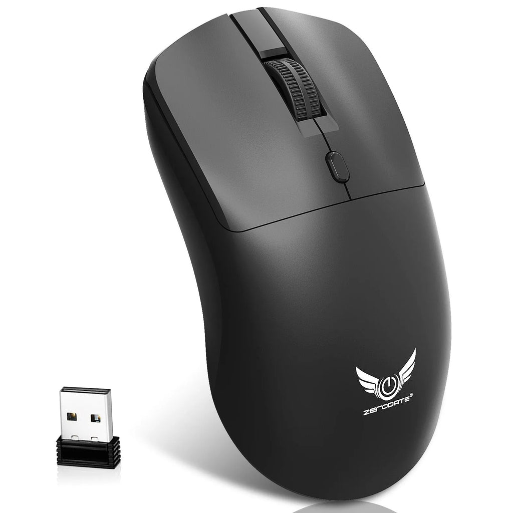 Black wireless mouse with three audio control buttons for laptop use