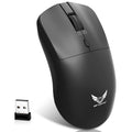 Black wireless mouse with three audio control buttons for laptop use