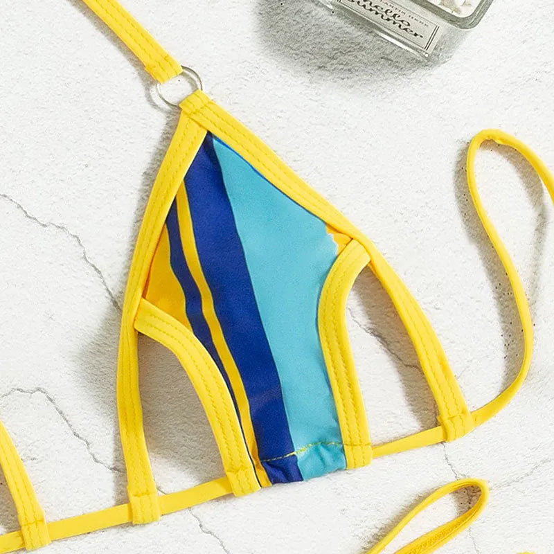 Yellow women's split swimsuit with neck-hanging style, hollow cut and high-waist bikini bottoms