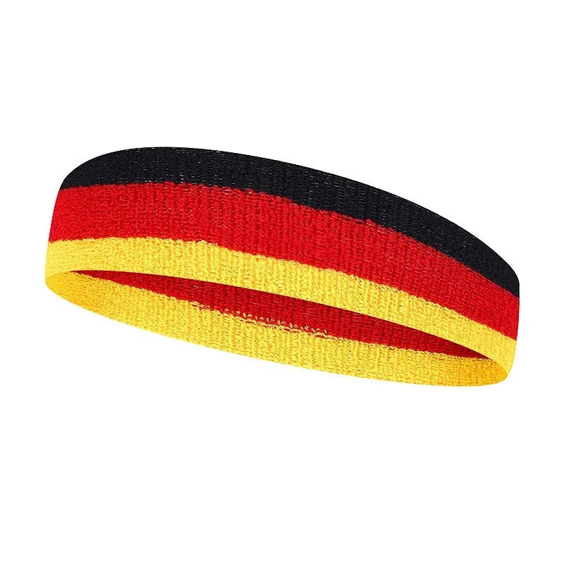 Colourful tri-colour sports headband for adults with stretch fabric measuring 5.5cm by 20cm