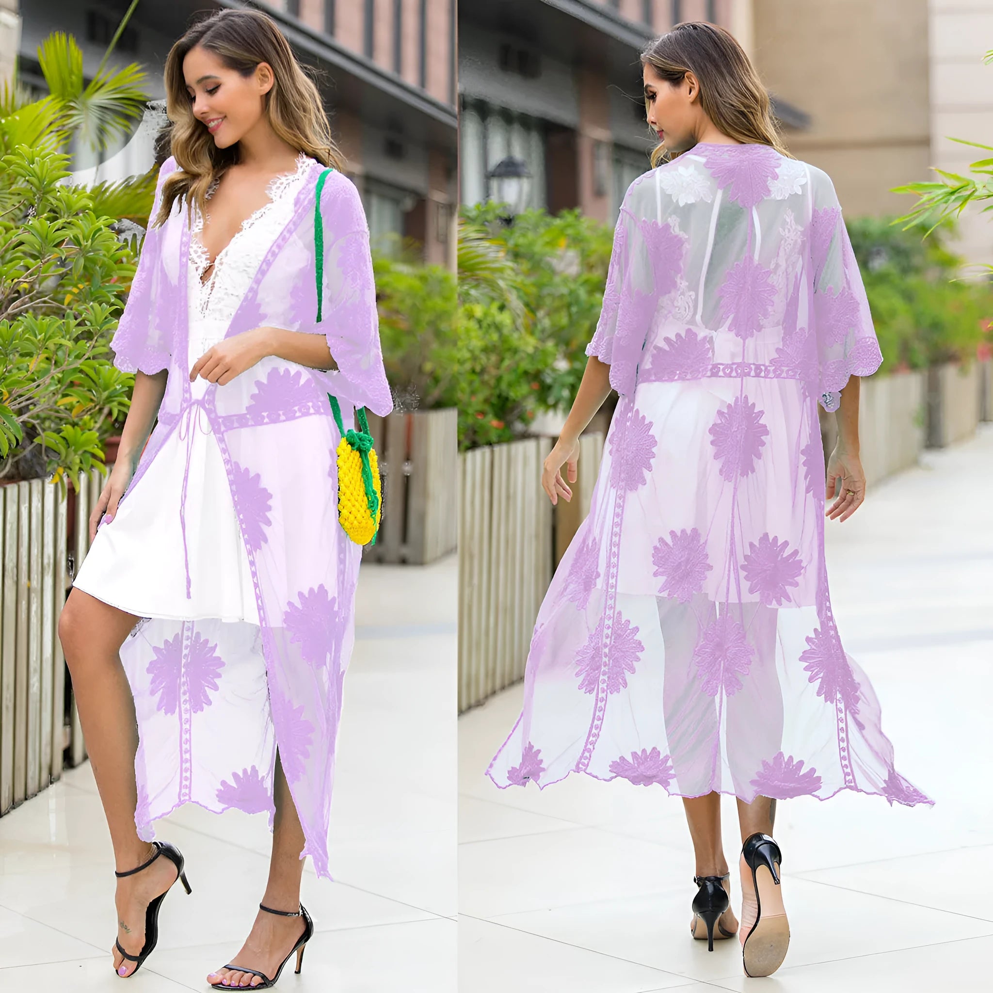 Light purple beach cover-up dress with lace embroidery details and free size fit