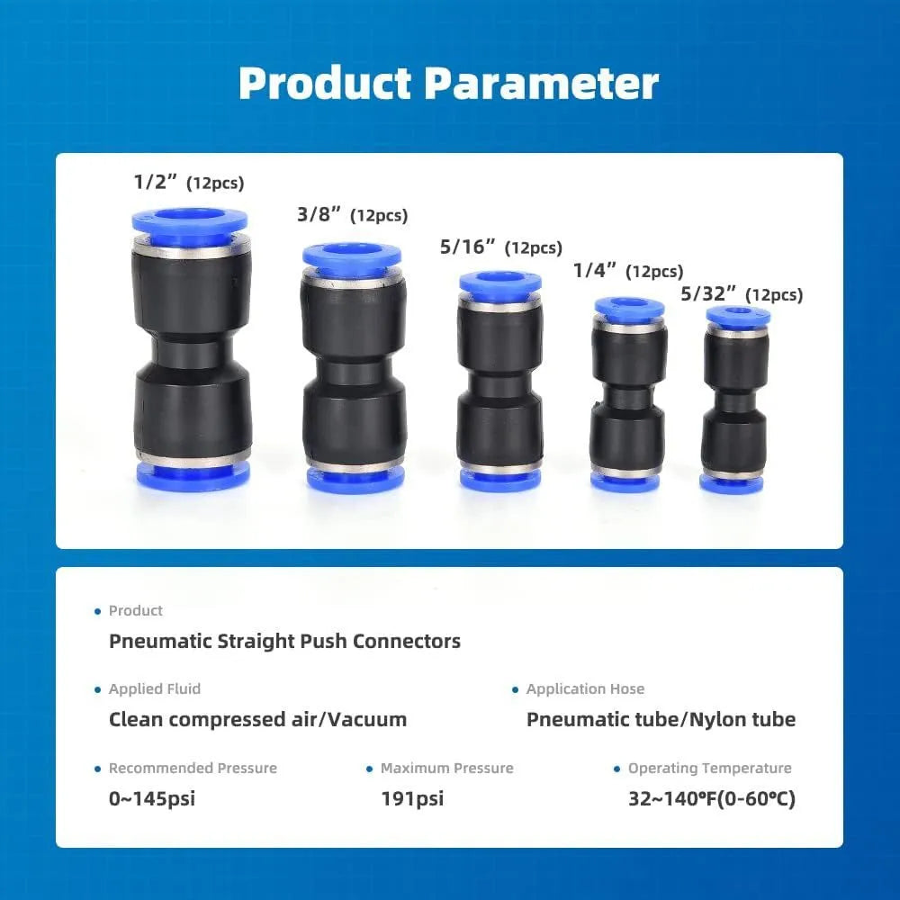 60-piece quick pneumatic push-in connector set with R1/4 and R1/2 alloy plastic fittings