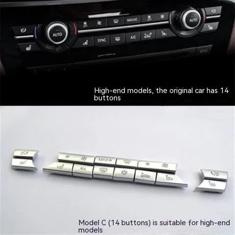 Automotive air conditioning button panel replacement parts showing silver buttons in multiple fitting sizes