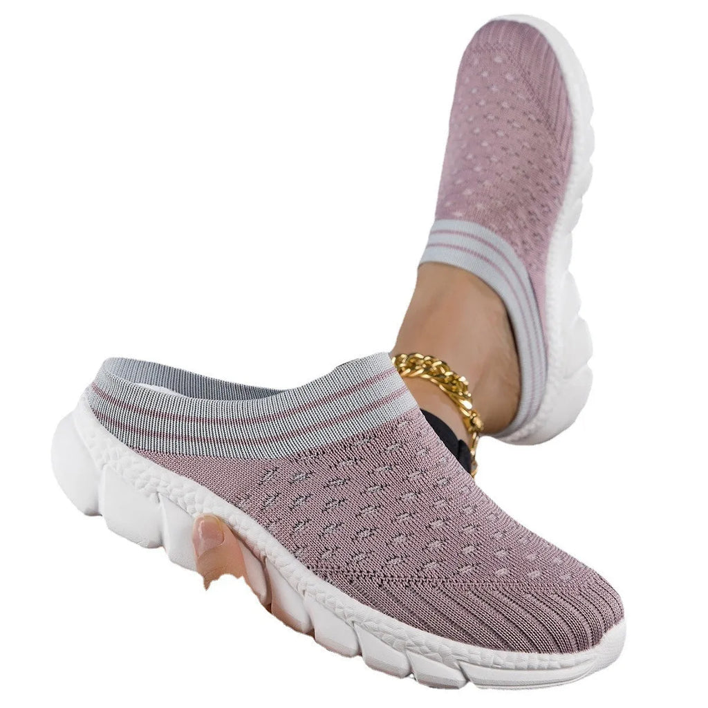 Women's Flyknit sports slipper shoes in striped pattern with height increasing sole
