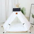White portable pet teepee tent with striped pattern and cushion inside for small dogs or cats.