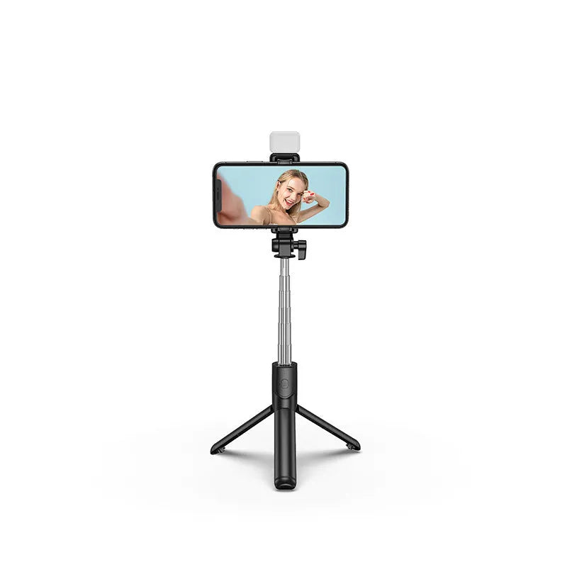 Bluetooth selfie stick with integrated tripod and phone holder in aluminium alloy