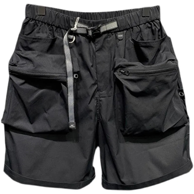Men's loose fit black casual shorts with large side pockets and an elasticated waistband.