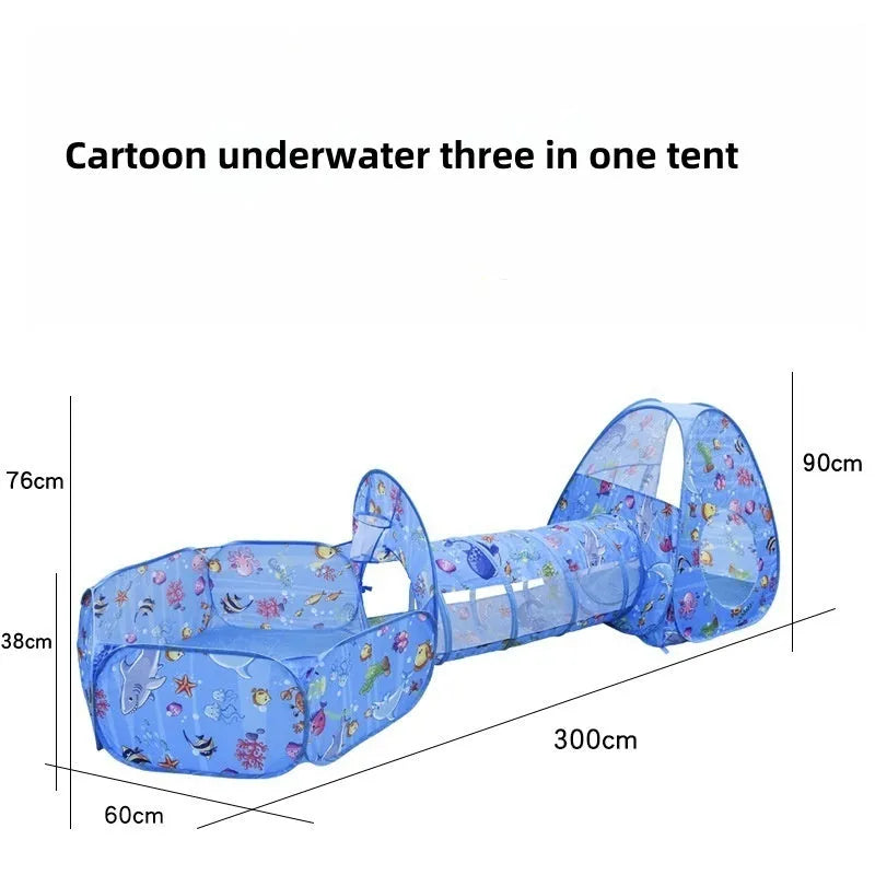 Underwater World children's tent with marine cartoon design, ball pool and tunnel components
