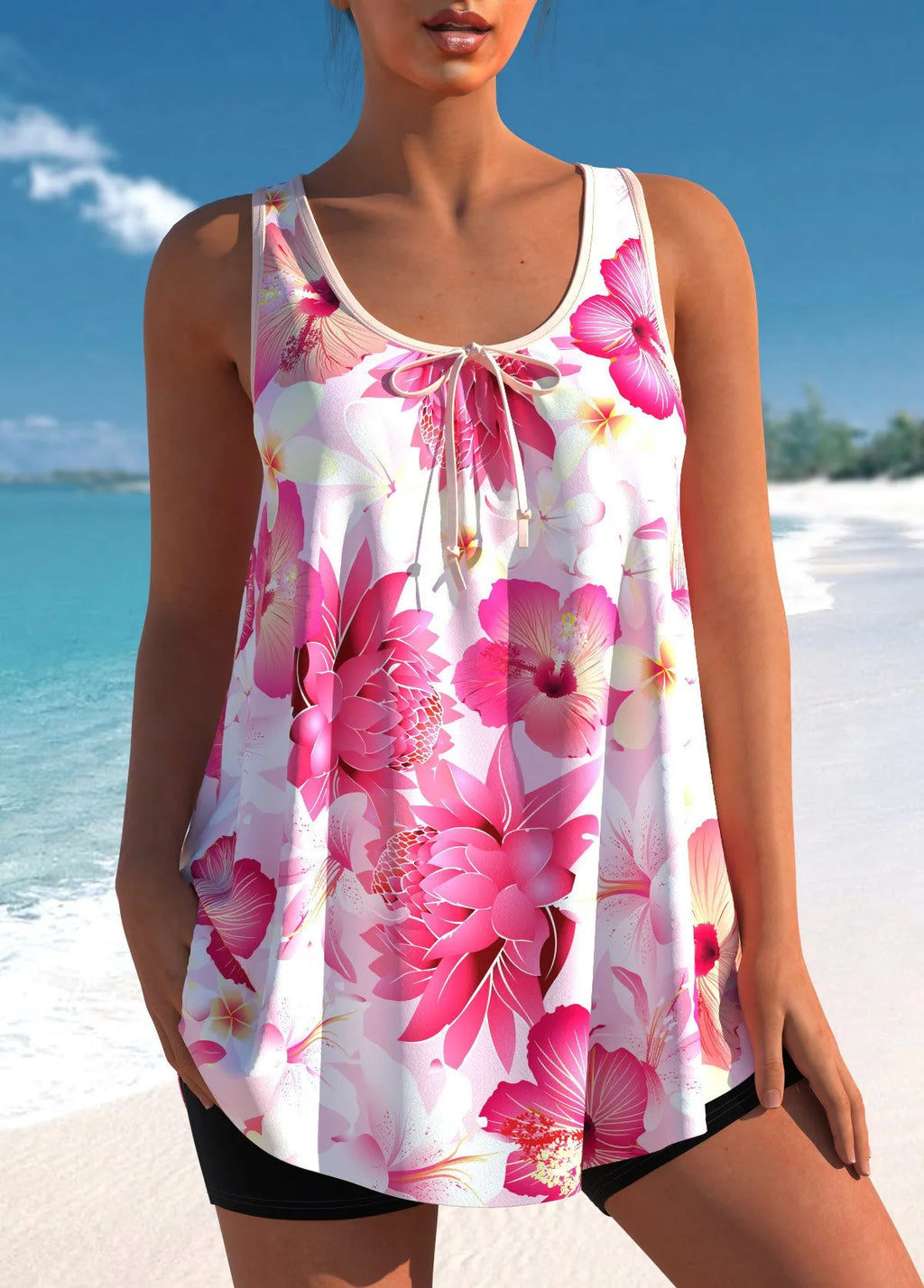 Pink printed plus size tankini swimsuit with high waist briefs on a hanger.