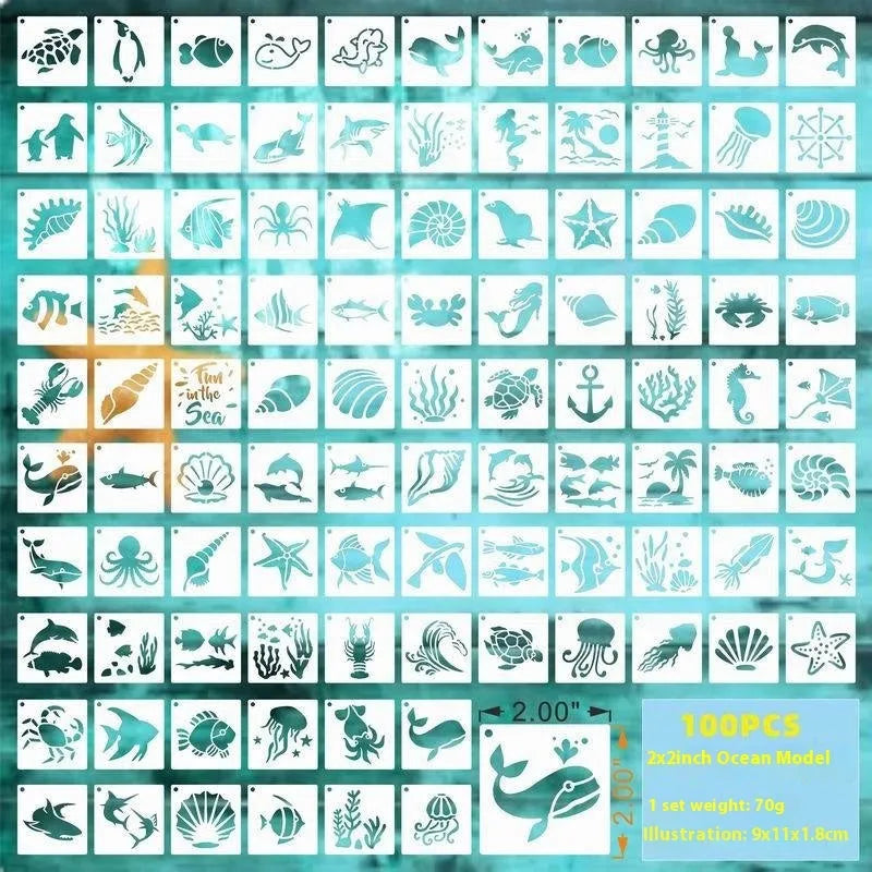 700-piece collection of 2-inch PET film spray painting stencils showing flower, animal, ocean, Hawaiian, and letter designs