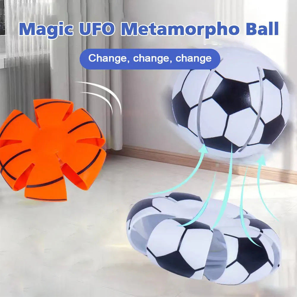 9cm diameter plastic dog toy ball that transforms into a flying disc, shown in assorted colours.
