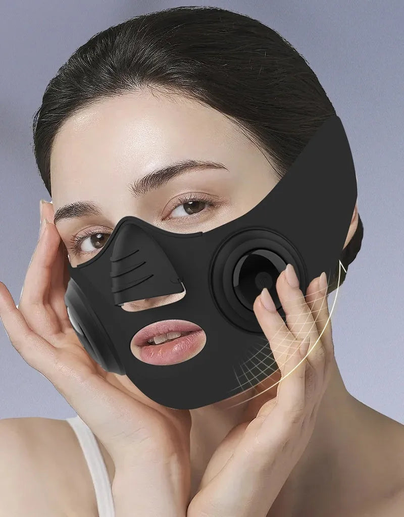 Black LED photon light therapy facial mask beauty device on a white background.