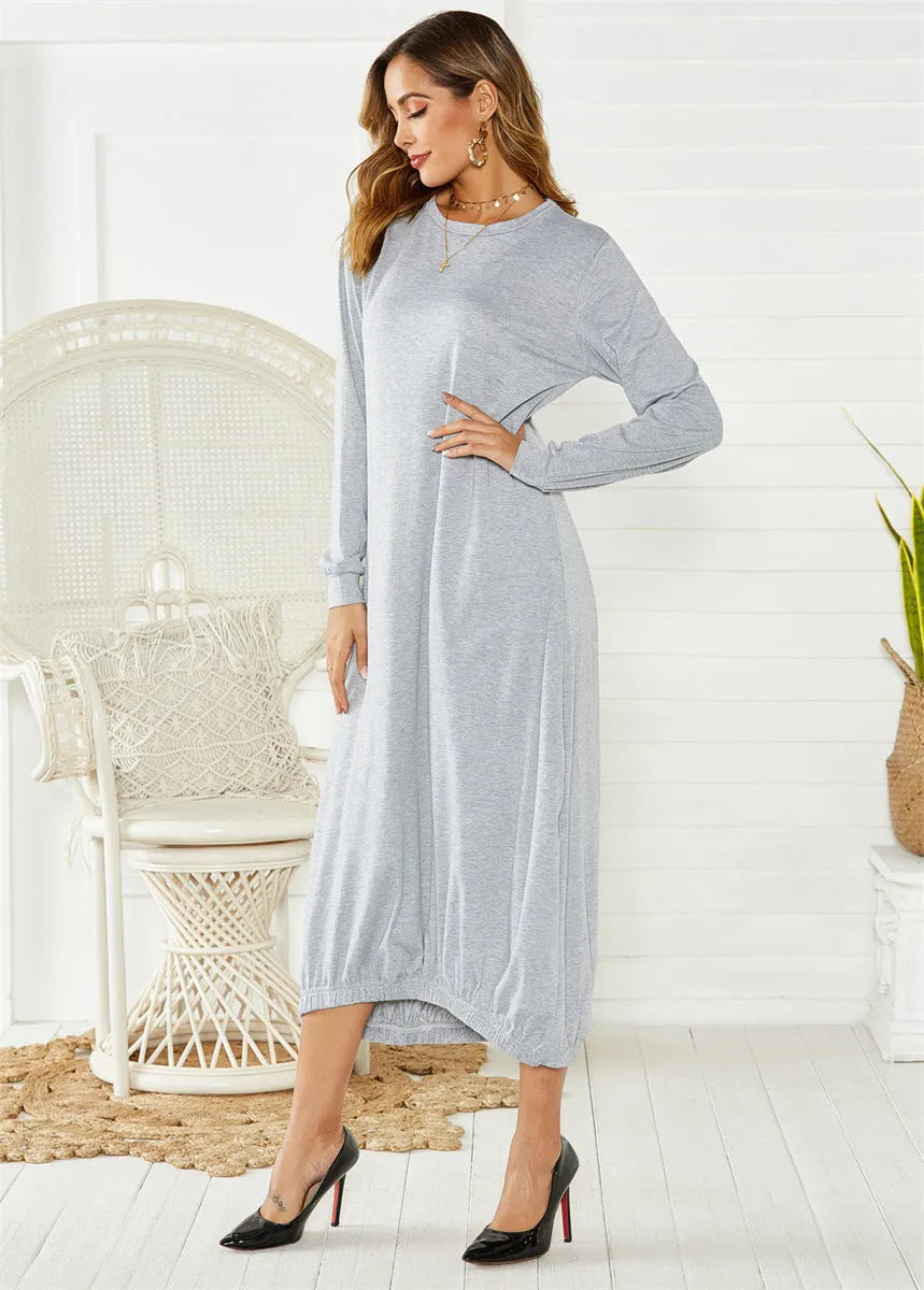 Black loose lantern dress with lace-up crew neck in Japanese Korean casual style