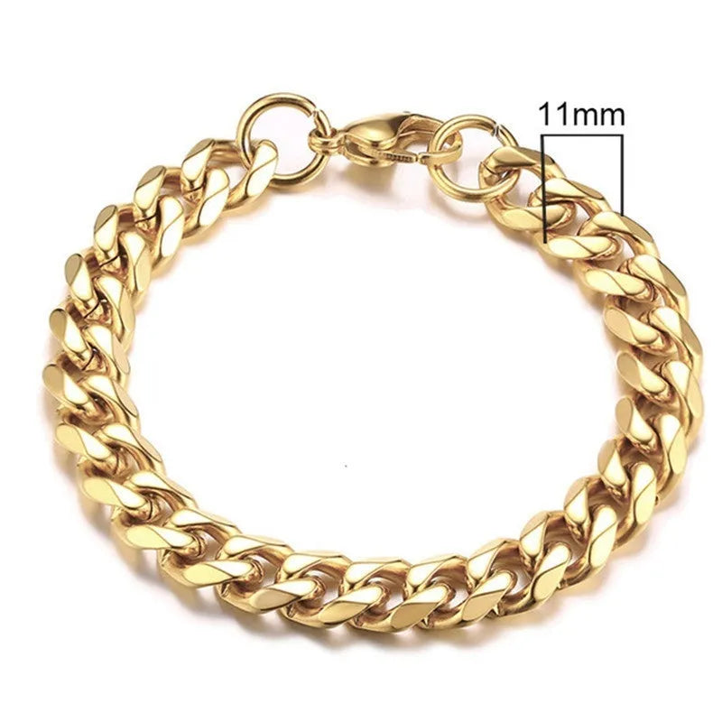 Gold Cuban link bracelet with flat six-sided metal chains in various widths and colour options.