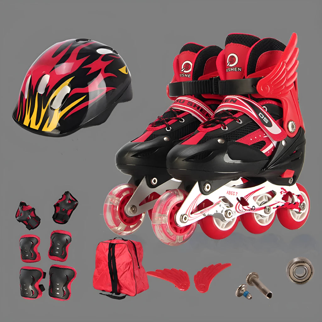 PU adjustable children's skating shoes with aluminium frame in multiple colours including protective gear set