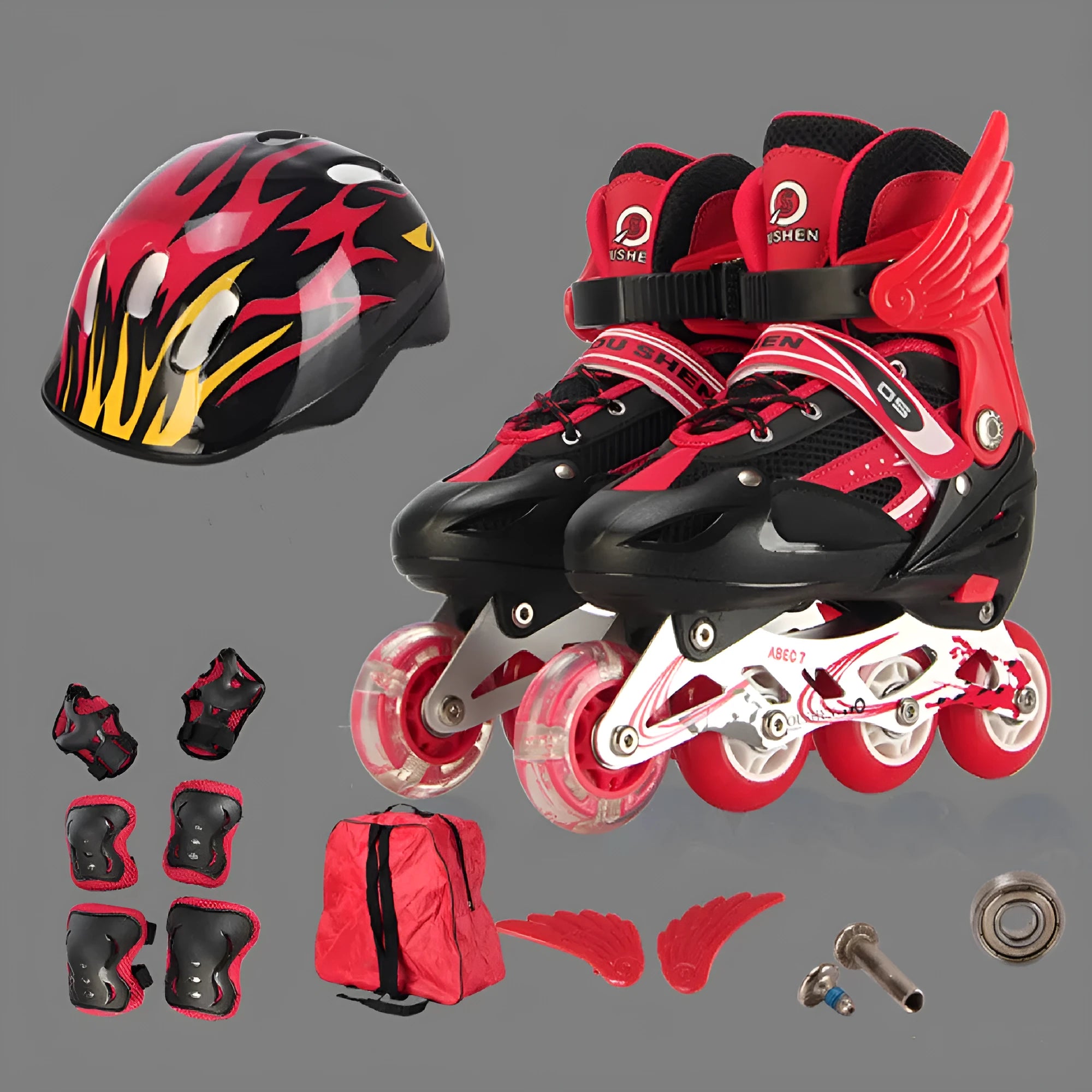 PU adjustable children's skating shoes with aluminium frame in multiple colours including protective gear set