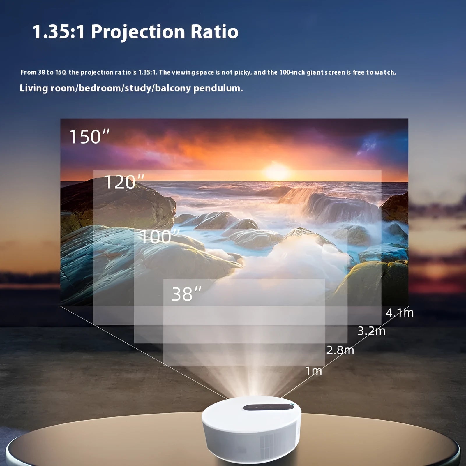 White 720p HD home theatre projector with remote control on neutral background