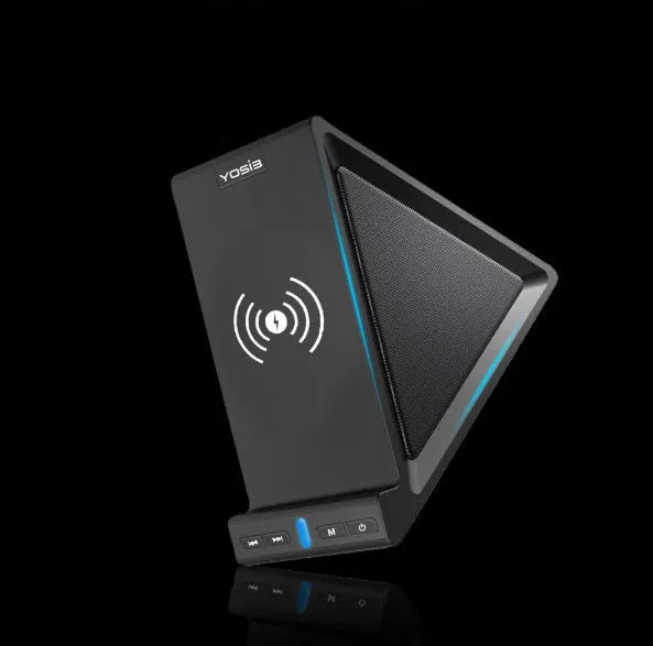 Black multifunctional Bluetooth speaker and wireless charger with built-in mobile phone stand.