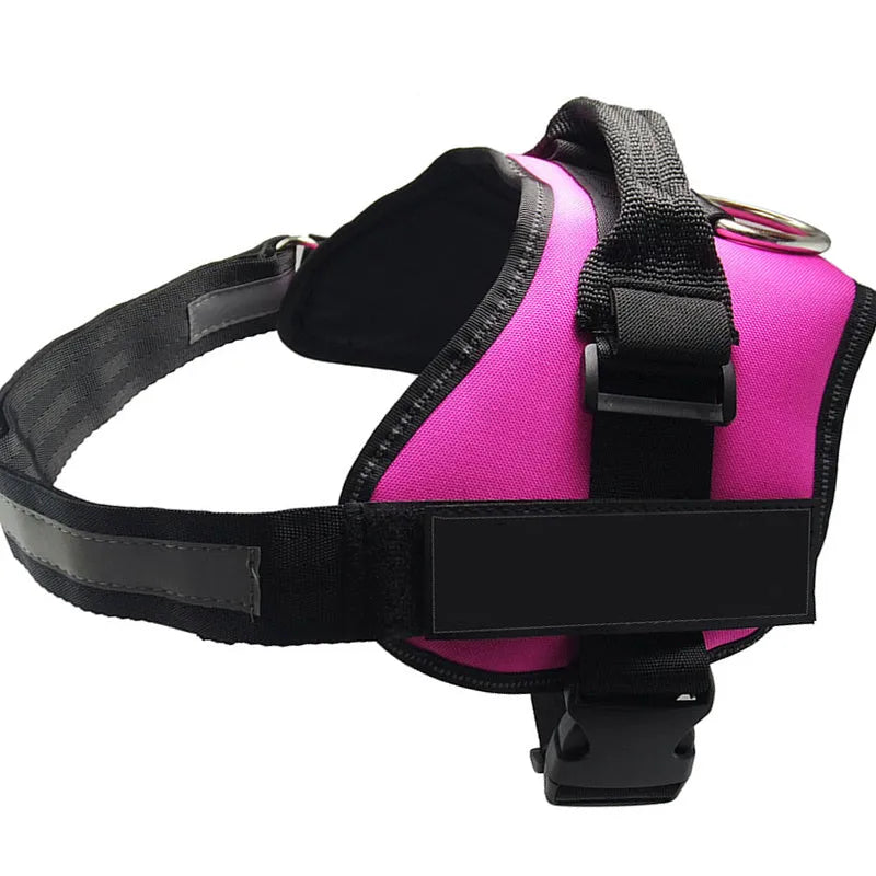 Adjustable no-pull dog harness vest with reflective strips and a chest strap, shown in various colours