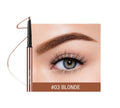 Eyebrow pencil in colour box showing six shade options including Auburn, Blonde, Caramel, Dark Brown, Soft Brown, and Taupe.