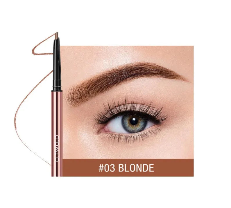 Eyebrow pencil in colour box showing six shade options including Auburn, Blonde, Caramel, Dark Brown, Soft Brown, and Taupe.